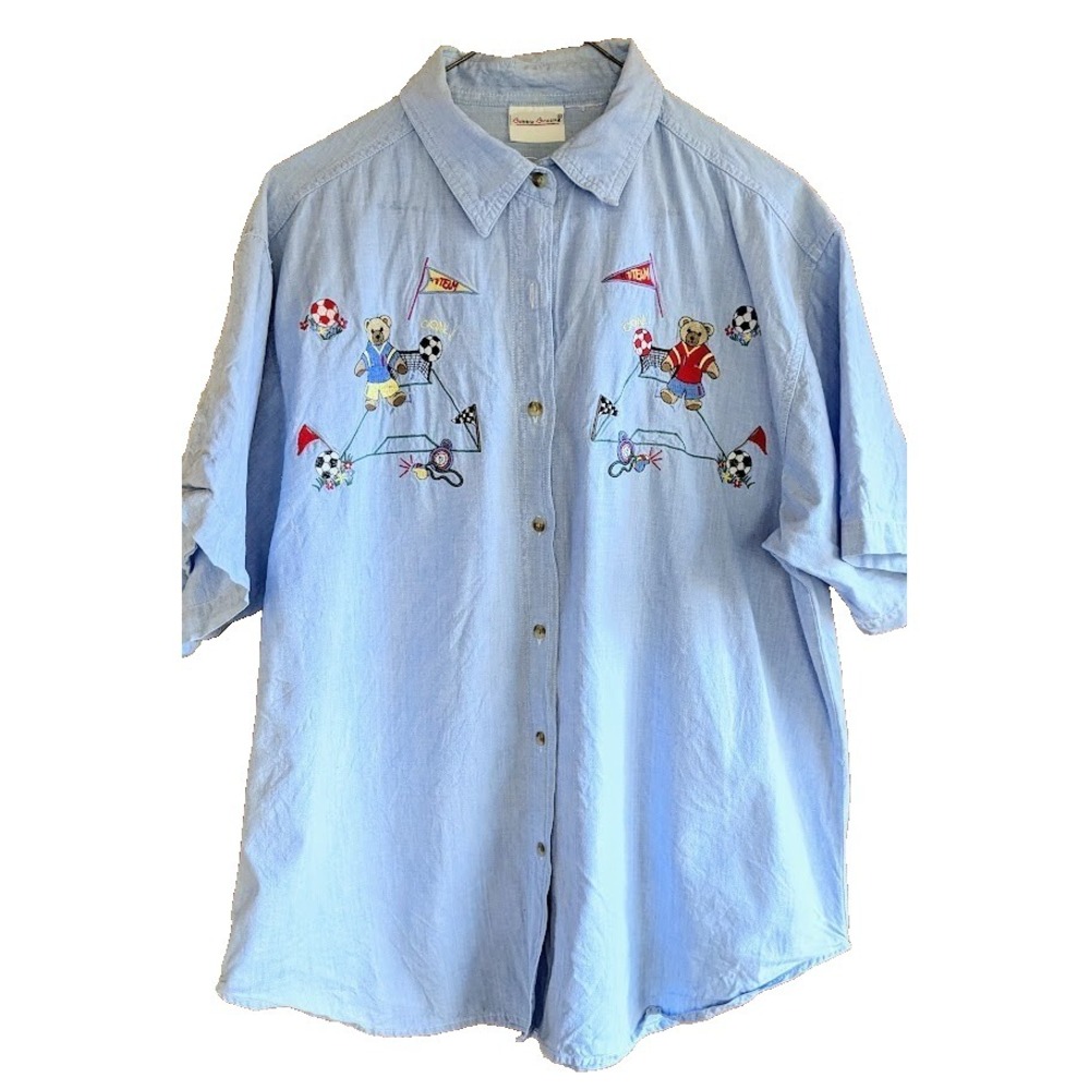 Women's Top Vintage Embroidered Soccer Mom Sports Fan Denim XL Teddy Bear 90s